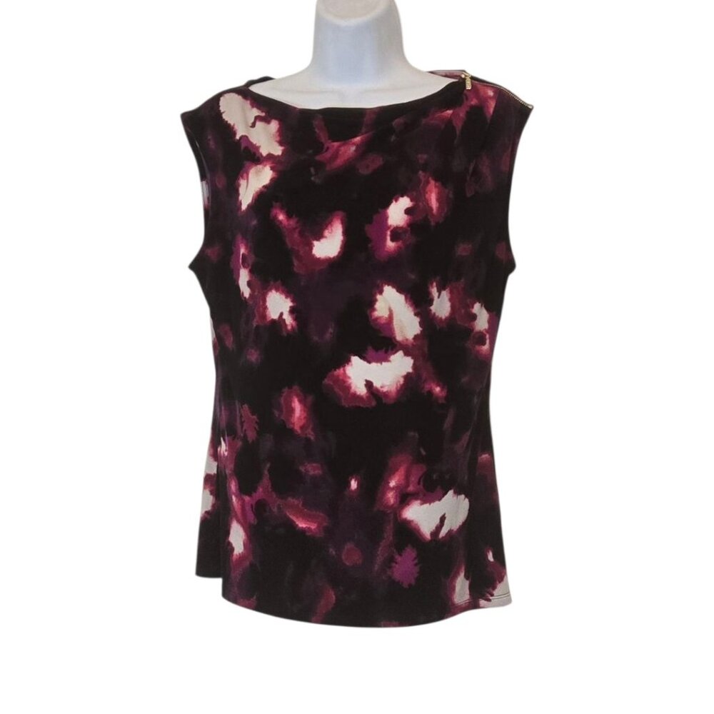 DKNY Black Purple Abstract Top S Drape Cap Sleeve Boatneck Shoulder Zio Blouse